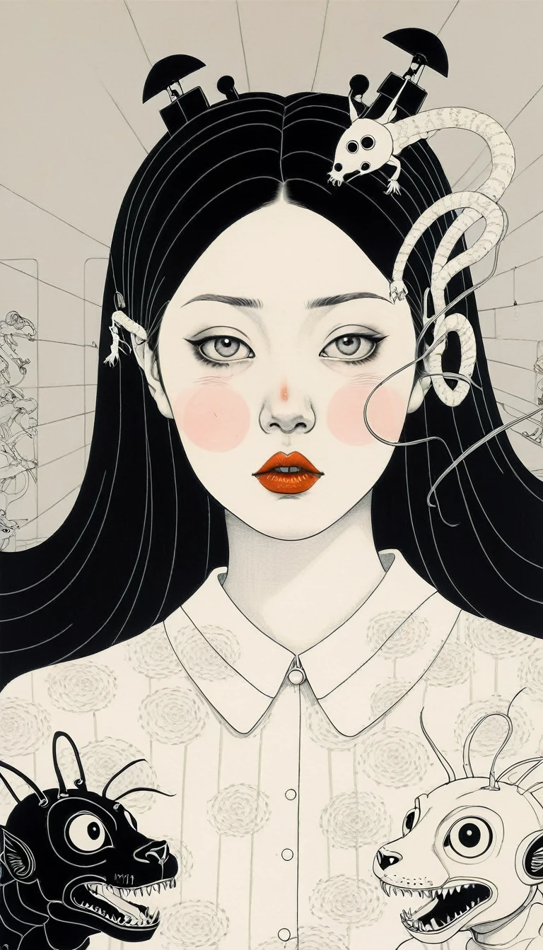 Portrait of a beautiful young woman being possessed by humanoid toys, organic, diabolical and japanese mechanics, in the style of Toshio Saeki, detailed and linear illustration.