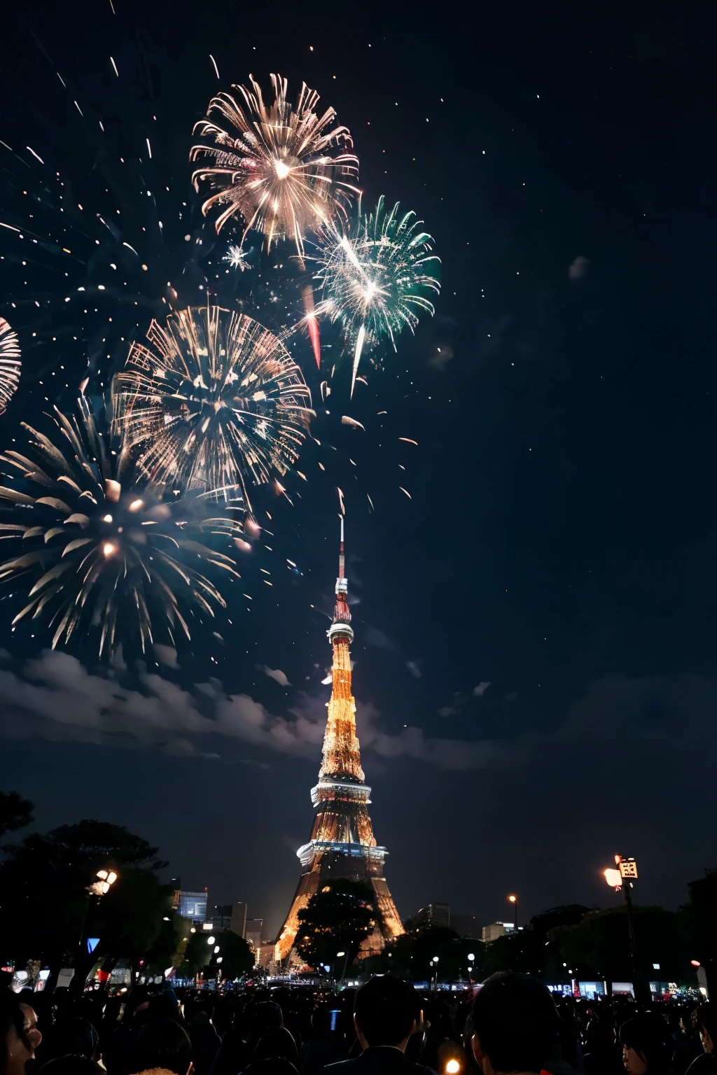 Night Sky、Tokyo Tower、Joyful crowds celebrating the New Year in a large square.firework、