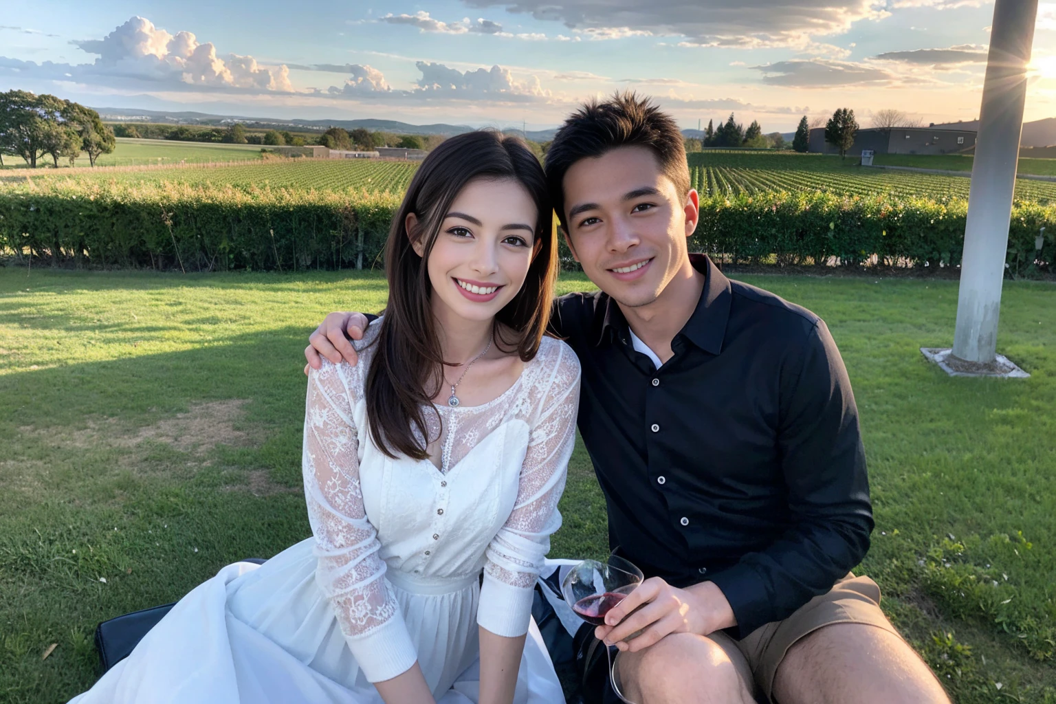 ((Highest quality、、masterpiece:1.3))、1 male 1 female、Anne Hathaway 37 years old 39 years old、Slim Beauty、Beautiful couple、Upper Body、smile、 (Slim face), (the body is スリム), (Brown Hair), (Shortcuts), テーブルのフルコースディナーとwine glass、Amazing view of the sunset sky and clouds、smileの美しさ、Wine bottle、sparkling wine、Long sleeve shirt、dress、White wine, red wine, wine glass, Beautiful fine grain, Depth f/2,saturation, High Contrast, Strong light and shadow,Moist Body:1.5、3D texture、The hair is very shiny、