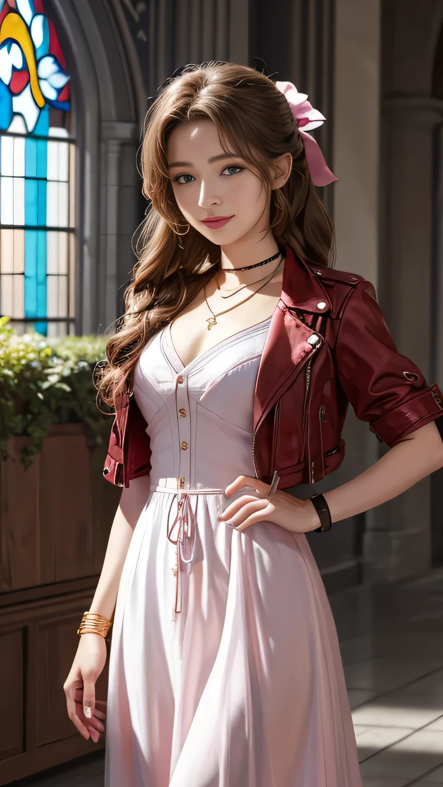 Tabletop, Highest quality, High resolution, Ticker, Super detailed, High resolution, Highly Detailed CG Unity 8K Wallpaper, Perfect artwork, Perfect female body type, One Girl, Aerith Gainsborough, Choker Necklace, Cropped jacket, Hair Ribbon, bracelet, Pink Dress, Displaying the viewer, A light smile, indoor, Stained Glass Windows, garden,Mid-chest、More information Eye Makeup