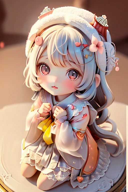 Girl Chibi, , Medium pastel red white, Luxury Fabric, Dithering, Widespread,Viewer Lucky Blue White,In a cellar color dress、、There are no protrusions on the head、There are no protrusions on the head、hat,high quality、high resolution、Ultra delicate、Cute big eyes beautiful cute
