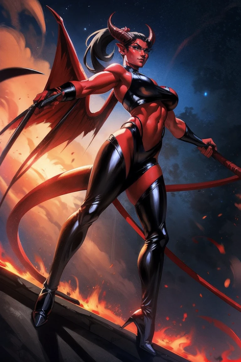 side view, Red skin succubus tiefling, medium breasts, black horns, wings, huge tail, black leather, crop top, long flowing pelvic curtain, tall, athletic, graceful, thin, long black ponytail. Action scene, whip. Dark scene, explosions, night sky.