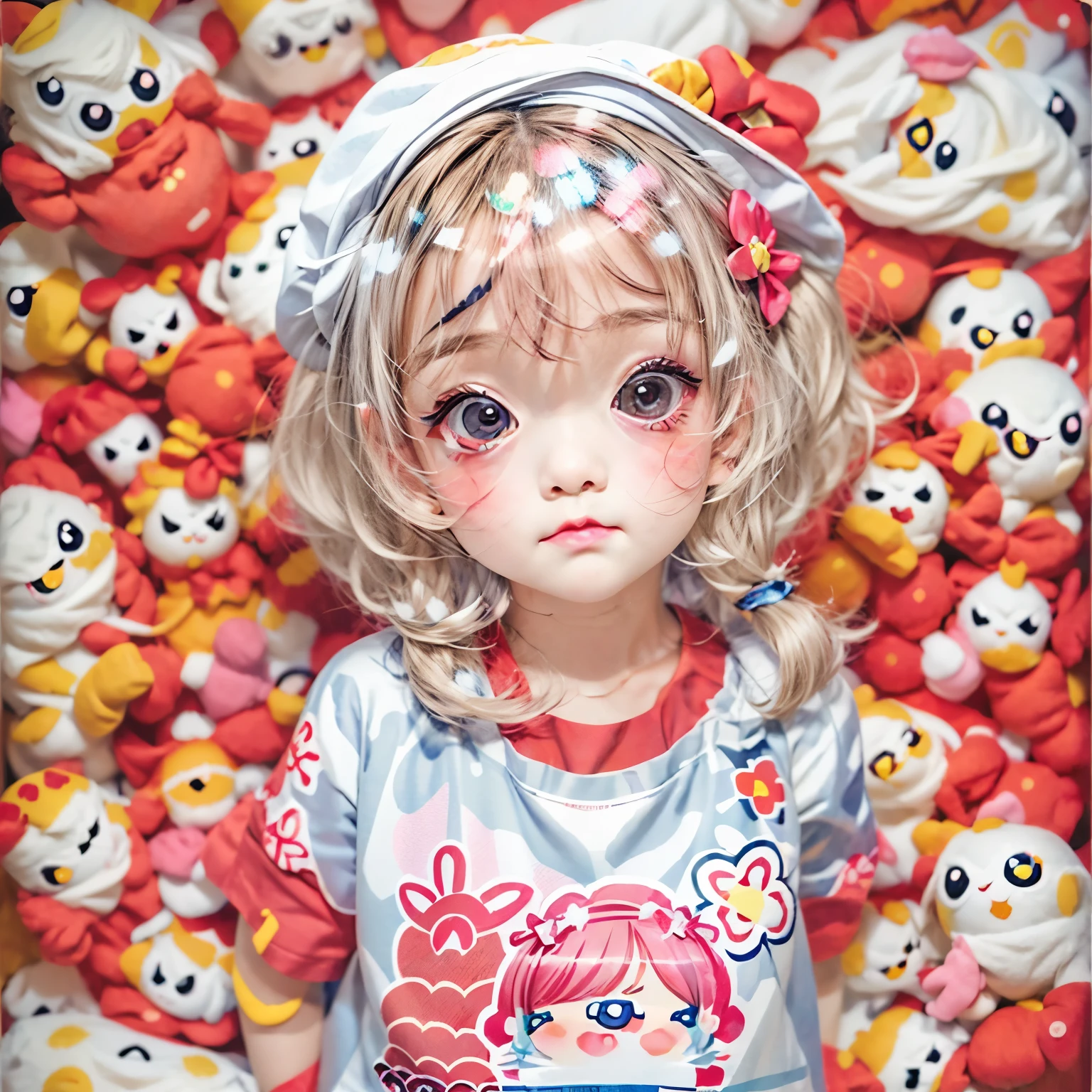 White and Bright Red, (Masterpiece 8K TopQuality:1.2) (ProfessionalPhoto:1.37) ExtremelyDetailed ((((KAWAII girl Printed on T-shirt:1.4)))