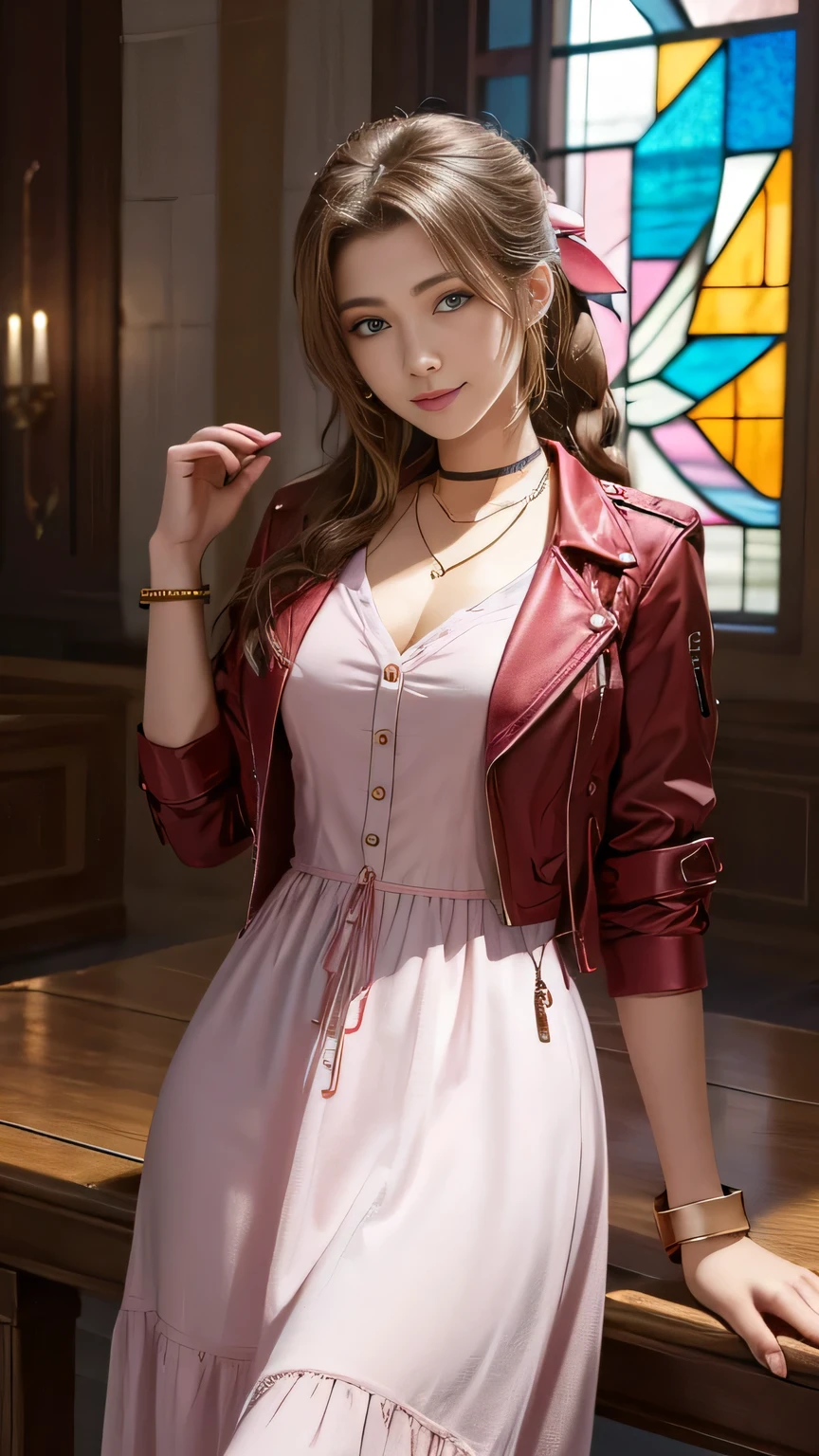 Tabletop, Highest quality, High resolution, Ticker, Super detailed, High resolution, Highly Detailed CG Unity 8K Wallpaper, Perfect artwork, Perfect female body type, One Girl, Aerith Gainsborough, Choker Necklace, Cropped jacket, Hair Ribbon, bracelet, Pink Dress, Displaying the viewer, A light smile, indoor, Stained Glass Windows, garden,Mid-chest、More information Eye Makeup