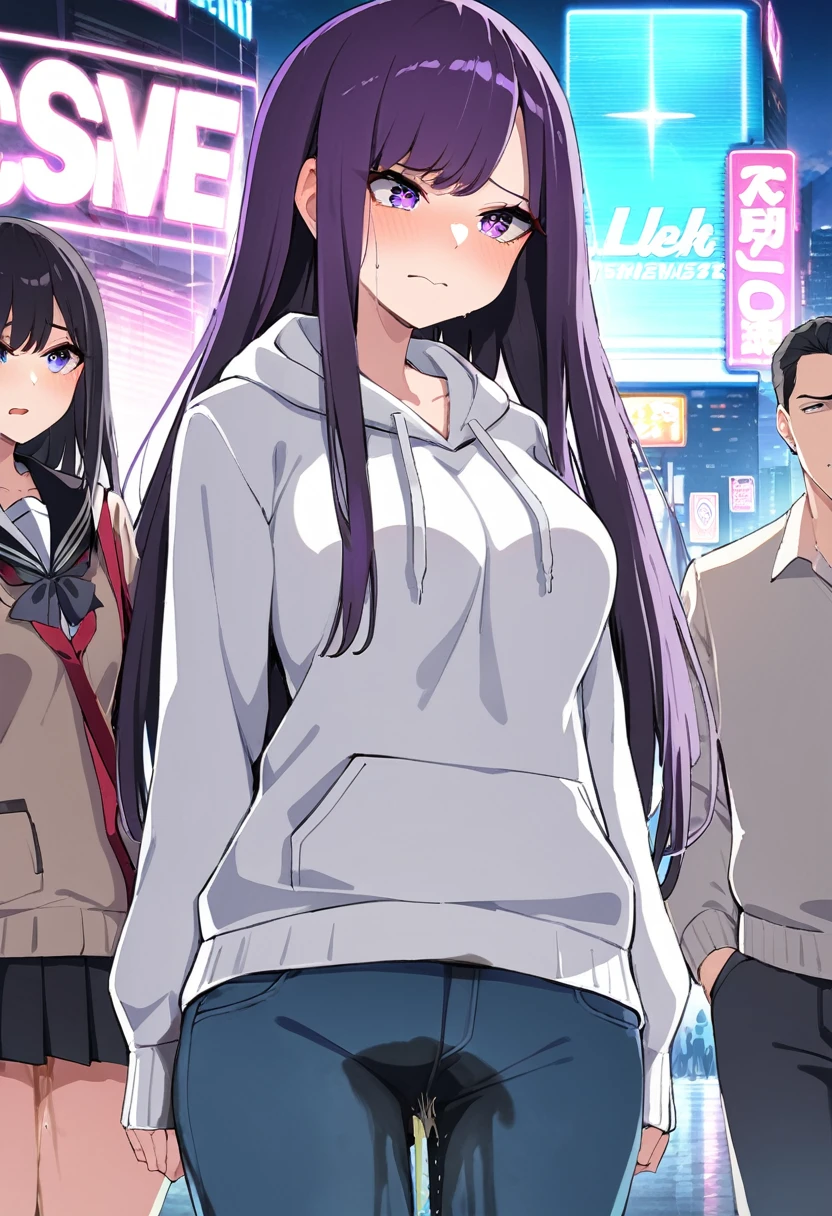 (masterpiece:1.37), best quality, (extremely detailed:1.37), (1girl:1.5), woman, (mature:1.5), (adult:1.5), large breasts, very long hair, (straight hair:1.5), (very dark purple hair:1.5), purple eyes, (extremely detailed eyes:1.37), hoodie, jeans, desperation, (wetting self:1.5), standing, embarrassed, humiliation, blushing, angry, city, futuristic, neon lighting, high-tech, street, skyscraper, shoes
