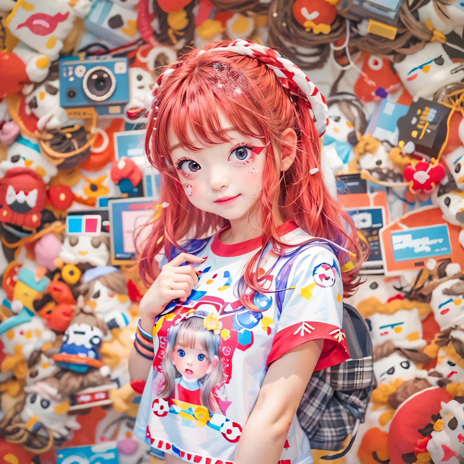 White and Bright Red, (Masterpiece 8K TopQuality:1.2) (ProfessionalPhoto:1.37) ExtremelyDetailed ((((KAWAII girl Printed on T-shirt:1.4)))