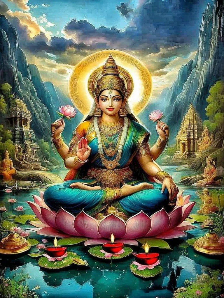 Painting of a woman sitting on a lotus in front of a mountain, indian goddess of wealth, indian goddess, holy goddess, female goddess, Goddess of love and peace, beautiful goddess, indian god, hindu god, hindu art, Hindu Aesthetics, goddess of wisdom, Goddess Art, charming angel, The patron saint of 🛸🌈👩🏾