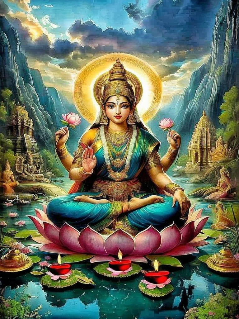 Painting of a woman sitting on a lotus in front of a mountain, indian goddess of wealth, indian goddess, holy goddess, female goddess, Goddess of love and peace, beautiful goddess, indian god, hindu god, hindu art, Hindu Aesthetics, goddess of wisdom, Goddess Art, charming angel, The patron saint of 🛸🌈👩🏾