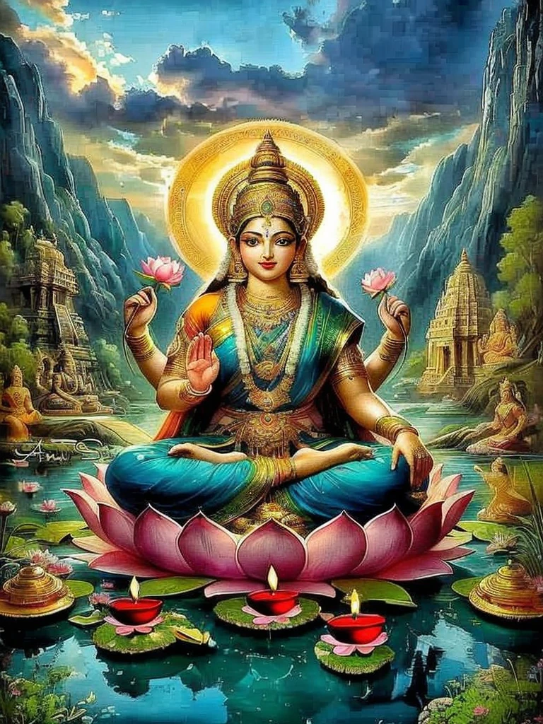 Painting of a woman sitting on a lotus in front of a mountain, indian goddess of wealth, indian goddess, holy goddess, female goddess, Goddess of love and peace, beautiful goddess, indian god, hindu god, hindu art, Hindu Aesthetics, goddess of wisdom, Goddess Art, charming angel, The patron saint of 🛸🌈👩🏾