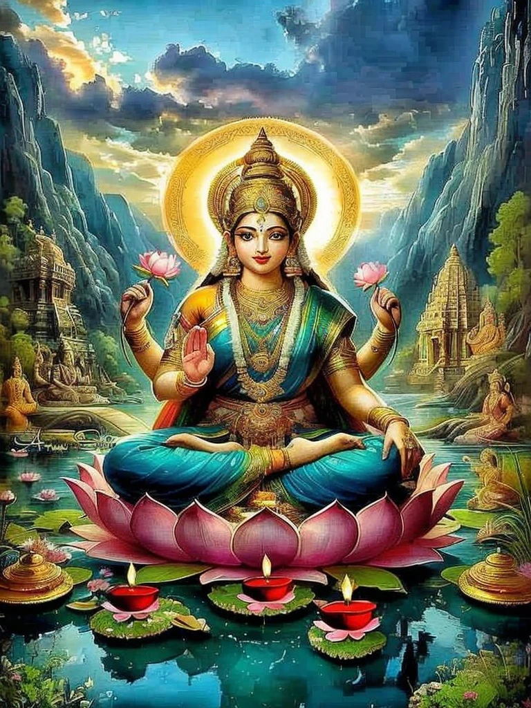 Painting of a woman sitting on a lotus in front of a mountain, indian goddess of wealth, indian goddess, holy goddess, female goddess, Goddess of love and peace, beautiful goddess, indian god, hindu god, hindu art, Hindu Aesthetics, goddess of wisdom, Goddess Art, charming angel, The patron saint of 🛸🌈👩🏾