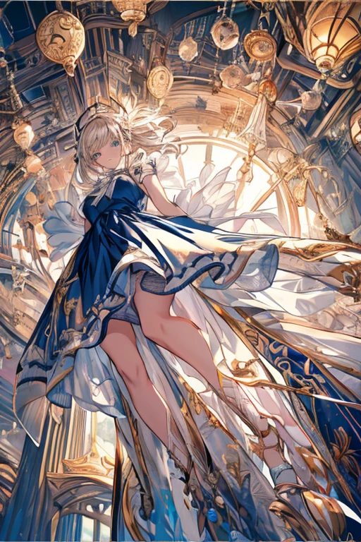 (masuter piece, high-quality, Mystical, Beautifully Aesthetic, ideal ratio of body proportions, offcial image art, Impresionism), (ultra high resolution, 8K RAW photo, photo realistics, natural lighting, textile shading), (1 matured woman:1.3, solo:1.5, milf:1.1), (Fractal pattern Art:1.2), shinny skin, tile patterns, ((alice in the wonderland:1.2, a girl floating in air:1.35, smiling with half-closing eyes)), ((flying PlayingCards, Trump, floating tea cup, floating tea pot, pocket watch:1.3, big mirror, lip sticks, candys, jam bottles)), cute animetic white rabbit, ((dark-Blue dress :1.5, a miniskirt, White Apron, white sock)), (platinum-blonde, tied hair with a ribbon), (Blue eyes, bright pupils with highlights, detailed eyes), (lying on your back:1.2, leaning backward:1.2, with rising up legs:1.3), ((dutch angle:1.5, full body:1.3, from below:1.2)), Exotic wallpapers, colorful image, simply background, fantastic, fantasy:1.5, ((correct anatomy:1.5, correct hand)), 