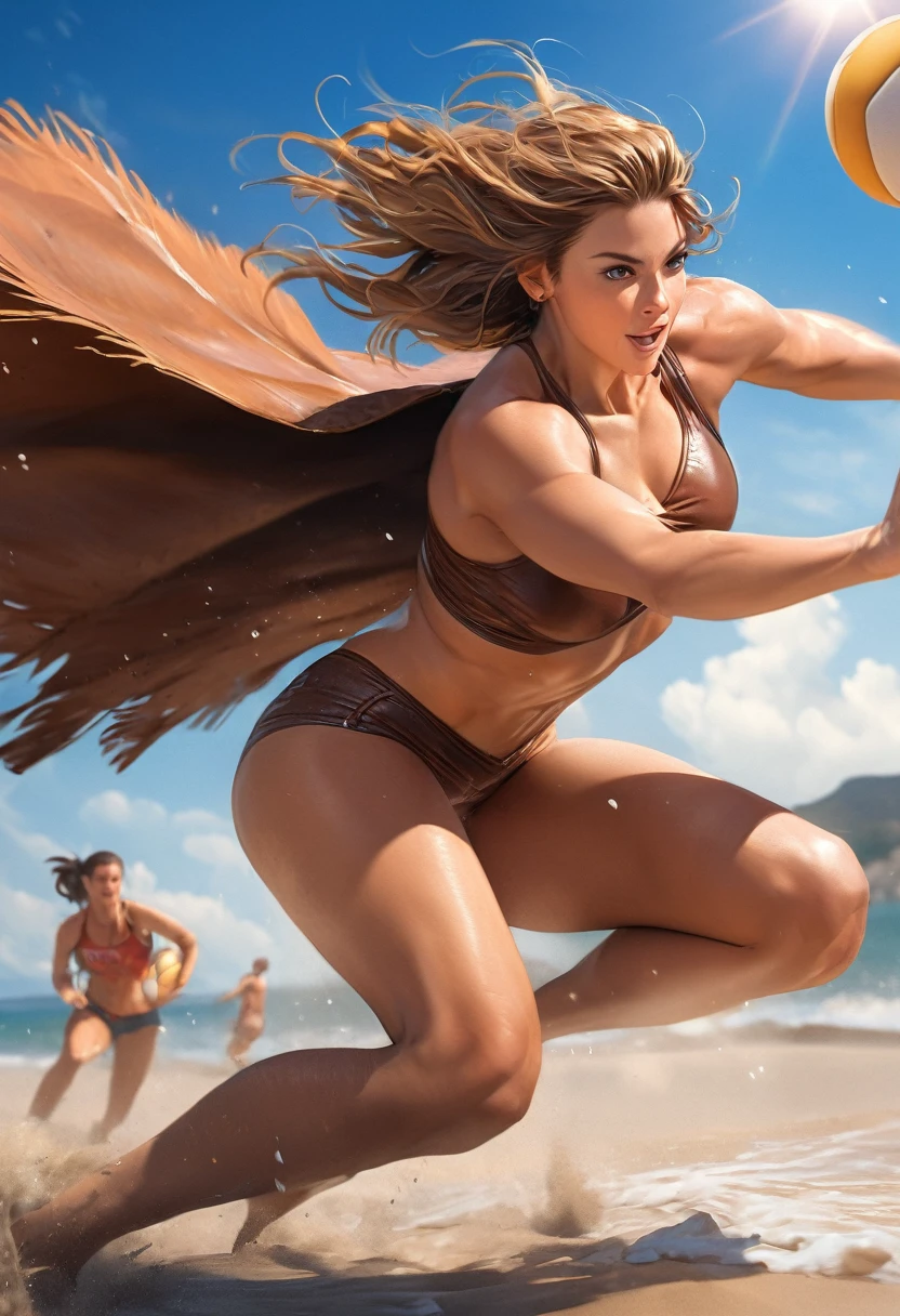 a sports picture best quality of a cave woman playing volleyball at the beach at the stone age, an extraordinary beautiful cave woman wearing animal leather sport ware playing volleyball at the beach, there is (mammoth: 1.2) watching her play, stone age beach background, its sunny day, sun rays,((anatomically correct : 1.5)),  ultra-high resolution, High Contrast, (masterpiece:1.5), highest quality, Best aesthetics), best details, best quality, highres, 16k, [ultra detailed], masterpiece, best quality, (extremely detailed), Cinematic Hollywood Film,