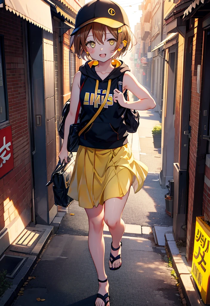 Rin Hoshizora (Yellow Eyes:1.5), Hair between the eyes, Brown Hair,Short Hair,blush,happy smile, smile, Open your mouth,Baseball hats,Sleeveless hoodie,Bare arms,Long skirt,Cute Sandals,Daytime,Clear skies,Walking,whole bodyがイラストに入るように, 　　　　　　　　　　　break looking at viewer, whole body 　　　　　　　　break outdoors, Building district, 　　　　　　　　　　　break (masterpiece:1.2), Highest quality, High resolution, unity 8k wallpaper, (figure:0.8), (Beautiful attention to detail:1.6), Highly detailed face, Perfect lighting, Highly detailed CG, (Perfect hands, Perfect Anatomy),