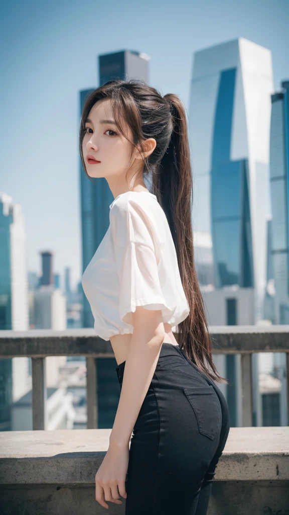 {{{ultra detail}}}, {{{realistic}}}, {{{depth of field}}}, whole body, from the side, head tilt, incredibly detailed, longuette, 1 woman, 30 years old, very long hair, Curly hair, high ponytail, light brown hair, beautiful and delicate hair, perfect face, Delicate arms and hands, slim legs, White skin, piercing, oversized clothes, big top sleeves, black pants, open clothes, cityscape, delicate background, blurred background, very delicate and beautiful, {{{wallpaper 8k CG}}}, {{{best quality}}}, {{{the greatest masterpiece}}},