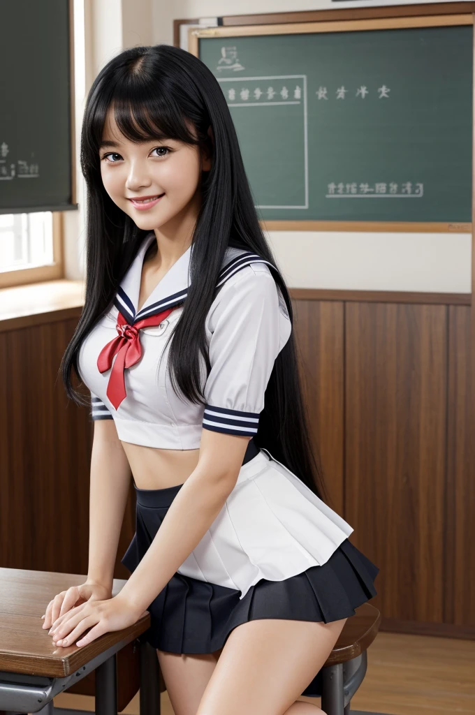 ((​masterpiece、top-quality:1.5、a high chroma:1.5、ultra-detailliert、high-resolution illustrations:1.5、Ultra-high-definition CG、8k size wallpaper、offcial art))、(portrait,cowboy shot)、(1girl),Open mouth happy smile,cute face,big eyes、
,(sitting,knees up:1.3),
,(sexy body),(sailor uniform,mini skirt),(long black hair), (small breasts)、
、classroom,JK