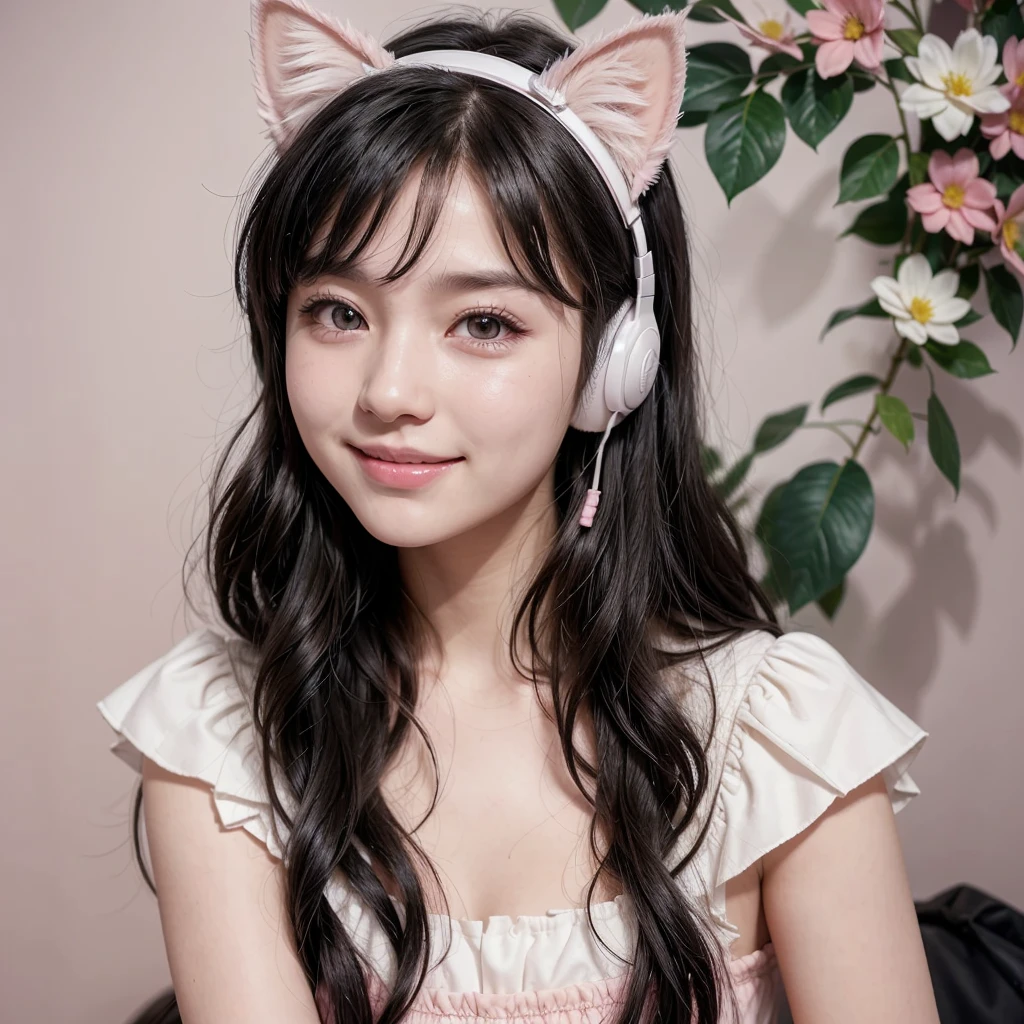 sweet girl with white skin, black eyes,medium black wavy hair, wearing a pastel pink flowery strap dress,wearing cat ear headphones,Pink room background, looking straight ahead,black eye,realist,smile at camera,18 years old,japanese