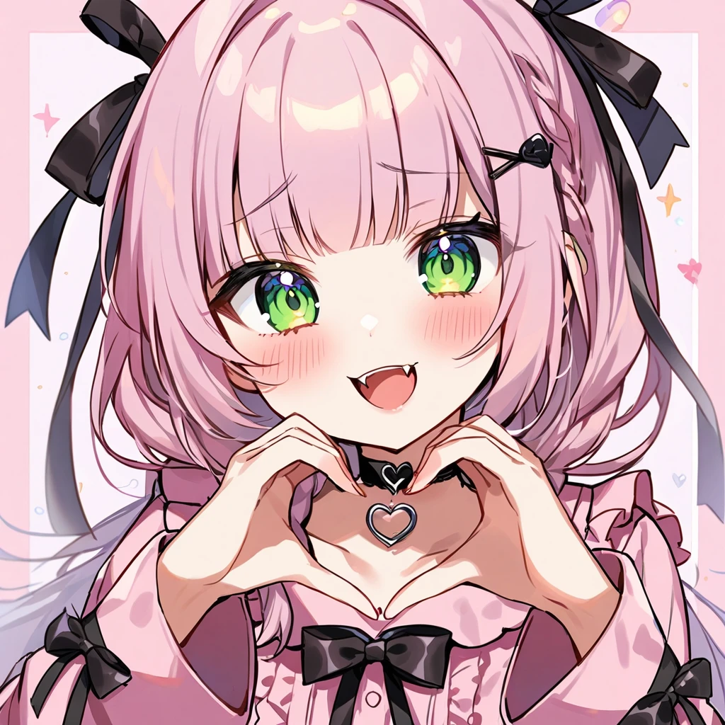 Top quality, masterpiece, chibi character, peal purple and blunt bangs hair, twin braids, green eyes, mouth wide open and screaming, blushing, smilng,fangs,(a girl with closs hair pin,
pink shirt,cosplay, jirai kei, bangs, black skirt, black bow, looking at viewer, bow, long sleeves, choker, ribbon,portrait  shot :1.4)、heart hands、