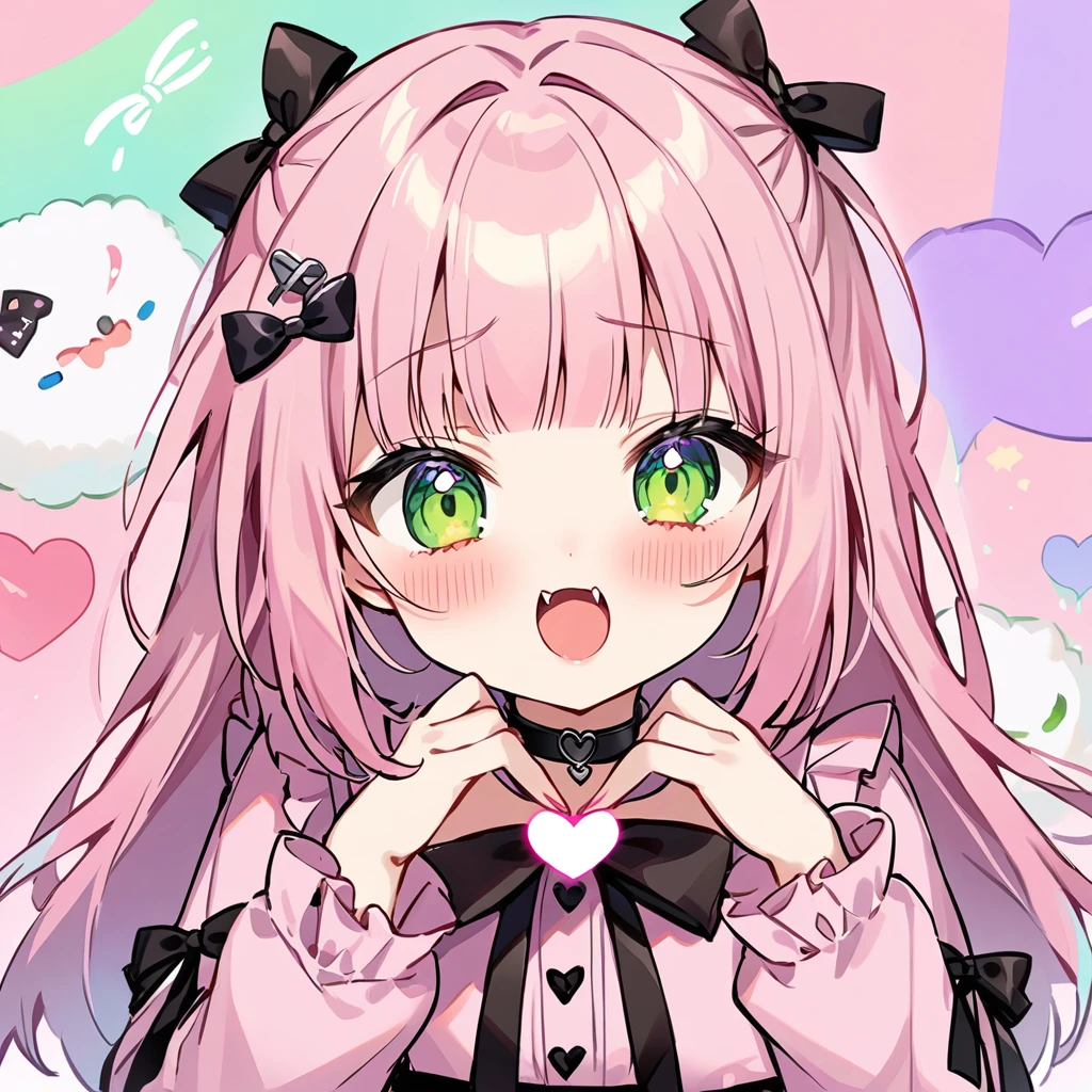 Top quality, masterpiece, chibi character, peal purple and blunt bangs hair, twin braids, green eyes, mouth wide open and screaming, blushing, smilng,fangs,(a girl with closs hair pin,
pink shirt,cosplay, jirai kei, bangs, black skirt, black bow, looking at viewer, bow, long sleeves, choker, ribbon,portrait shot :1.4)、heart hands、