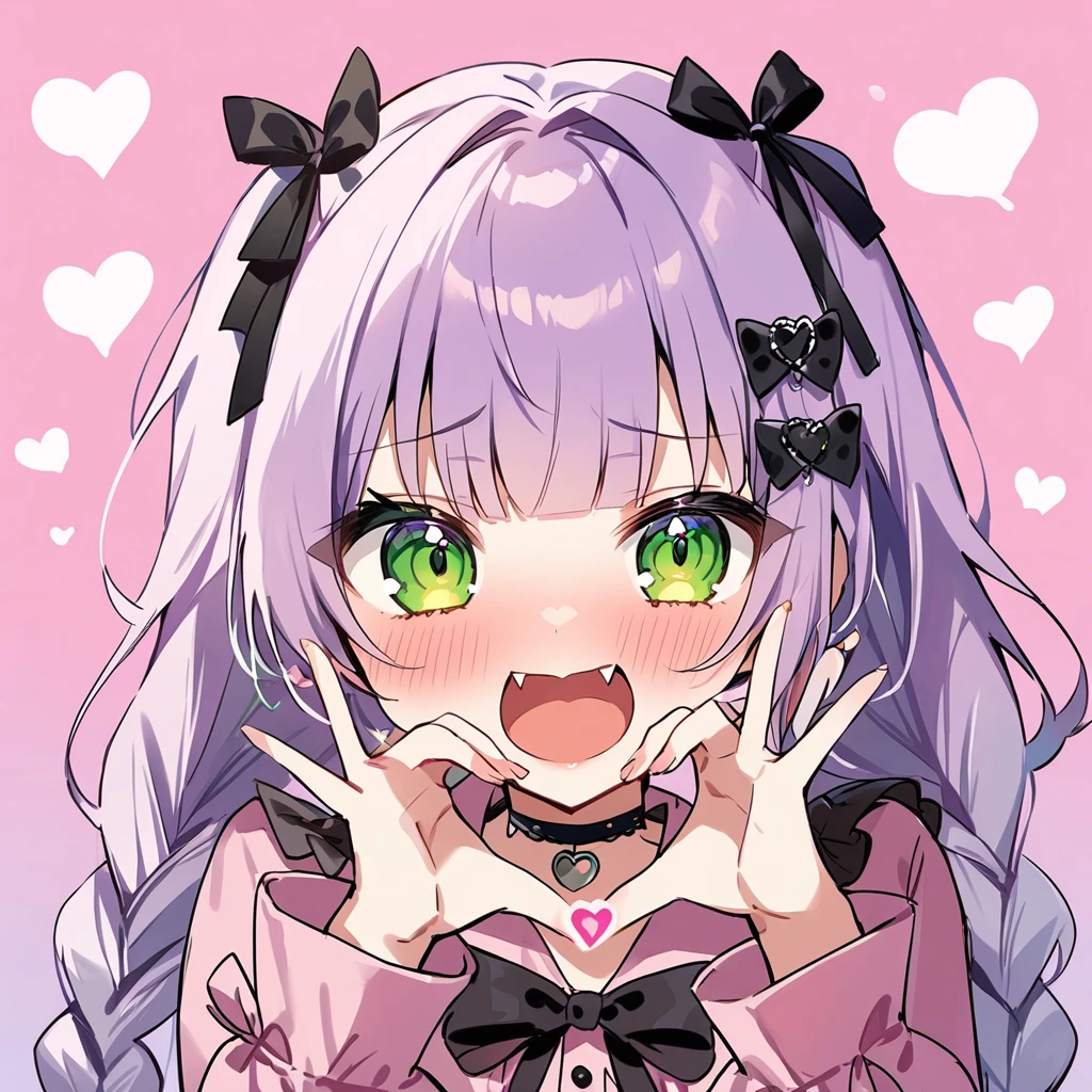 Top quality, masterpiece, chibi character, peal purple and blunt bangs hair, twin braids, green eyes, mouth wide open and screaming, blushing, smilng,fangs,(a girl with closs hair pin,
pink shirt,cosplay, jirai kei, bangs, black skirt, black bow, looking at viewer, bow, long sleeves, choker, ribbon,portrait shot :1.4)、heart hands、