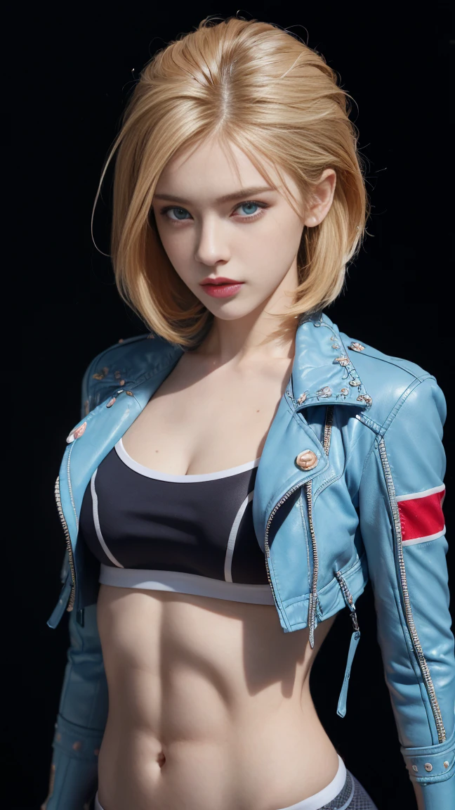 8K, Top Quality, Intricate Details, Ultra Detail, Ultra High Resolution, Masterpiece, close up shot, (full body: 1.1), Slender, Smile, (Makeup: 0.4), ((,)), (Fluffy blue Eyes: 1.21), (()), 1girl, solo, 1 girl, ((cammy white, blonde hair, bangs, short hair, blue eyes, antena hair, abs, scar on cheeks)), close up shot, , ((tall)), (((fit body))), (((slim face))), sharp face, (( )) , (detailed face), sharp face, small lips, perfect hands, (())
((, )), , ((open mini jacket, torn jacket, mini short, skin tight legging, torn legging, skinny pants, skin tight pants )), detailed face, detailed breast,, huge breast , ((detailed nipples)), detail ass, Narrow Waist, Skinny, tall , 175 cm tall, Muscular, Navel, Exposed Abdomen, Pointed Chest,, Beautiful girl with accentuated slender abs: 1.4, Six Pack Abs: 1.4, Bust Botox, Big, Perfect Body, detail leg, (( dark background)), black background,