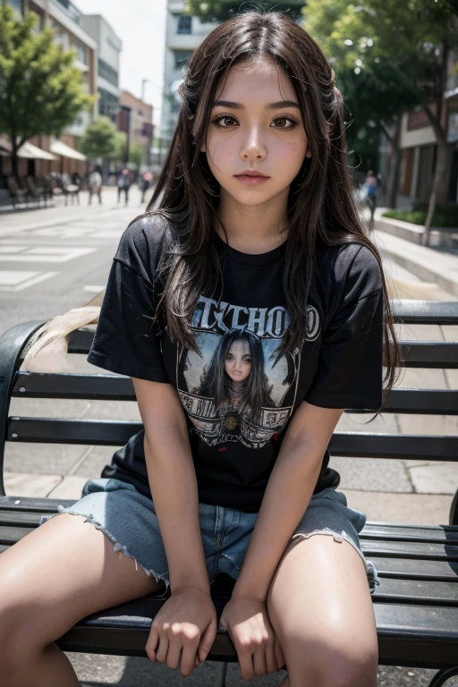 Mexican metalhead girl with mayhem t-shirt sitting on a bench in a plaza