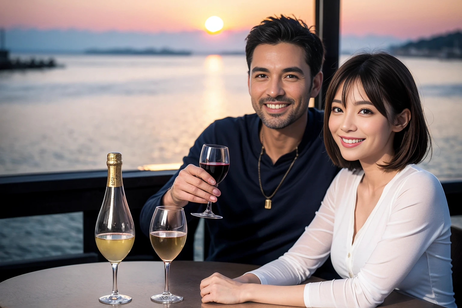 ((Highest quality、、masterpiece:1.3))、1 male 1 female、Rei Dan 42 years old 39 years old、Slim Beauty、Beautiful couple、Upper Body、smile、 (Slim face), (the body is スリム), (Brown Hair), (Shortcuts), テーブルのフルコースディナーとwine glass、Amazing view of the sunset sky and clouds、smileの美しさ、Wine bottle、sparkling wine、Long sleeve shirt、dress、White wine, red wine, wine glass, Beautiful fine grain, Depth f/2,saturation, High Contrast, Strong light and shadow,Moist Body:1.5、3D texture、The hair is very shiny、