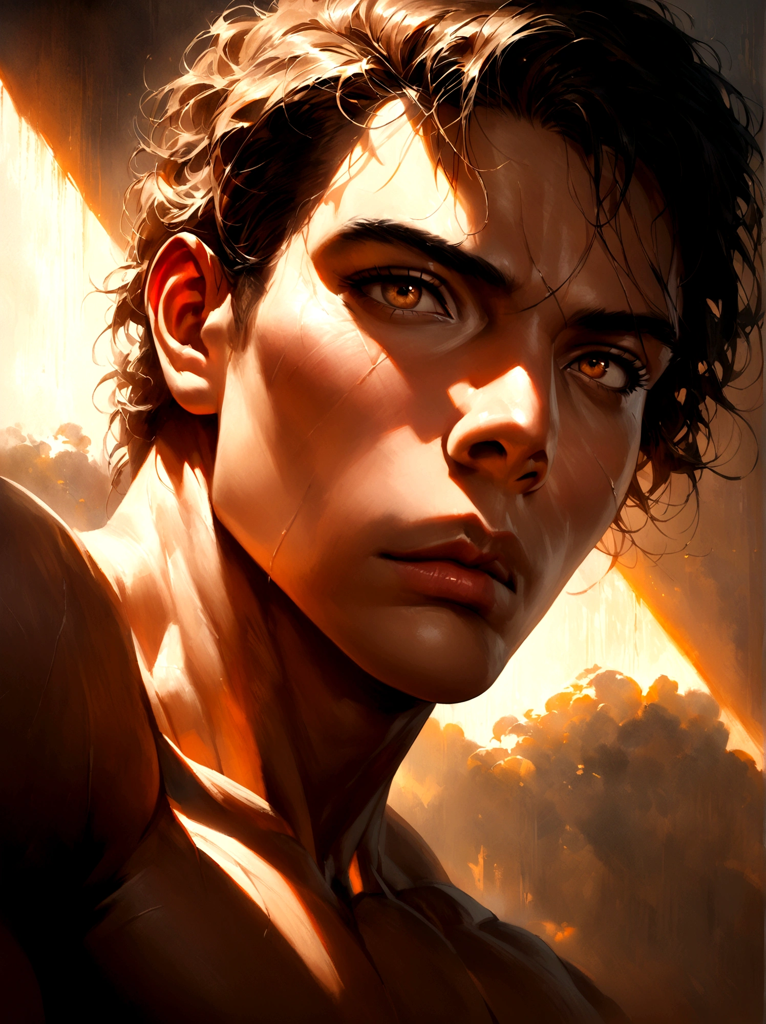 a muscular nude man, handsome man, chiseled abs, detailed facial features, striking gaze, dramatic lighting, cinematic composition, hyper-realistic, award-winning portrait, oil painting, masterpiece, rich color palette, moody atmosphere, dramatic shadows, perfect skin, intricate details, high contrast