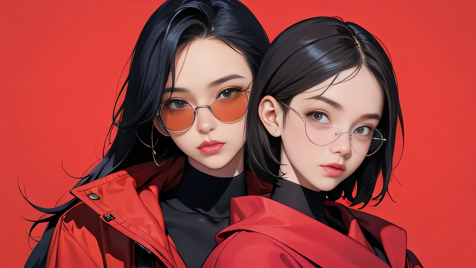 (masterpiece, best quality, 8k wallpaper, high resolution, ultra-realistic), two women, two girls wearing sunglasses, 18 years old, (long hair, short hair), 8k, RAW portrait (Japanese women), masterpiece, photorealistic: 1.3, realistic, ultra-high resolution, best quality, real life photo, (in the evening: 1.1), ((((1 girl: 1.5))))(cute face: 1.3), perfect proportions, 80s large sunglasses, navy blue bodycon, red scarf, avant-garde background, two people posing.