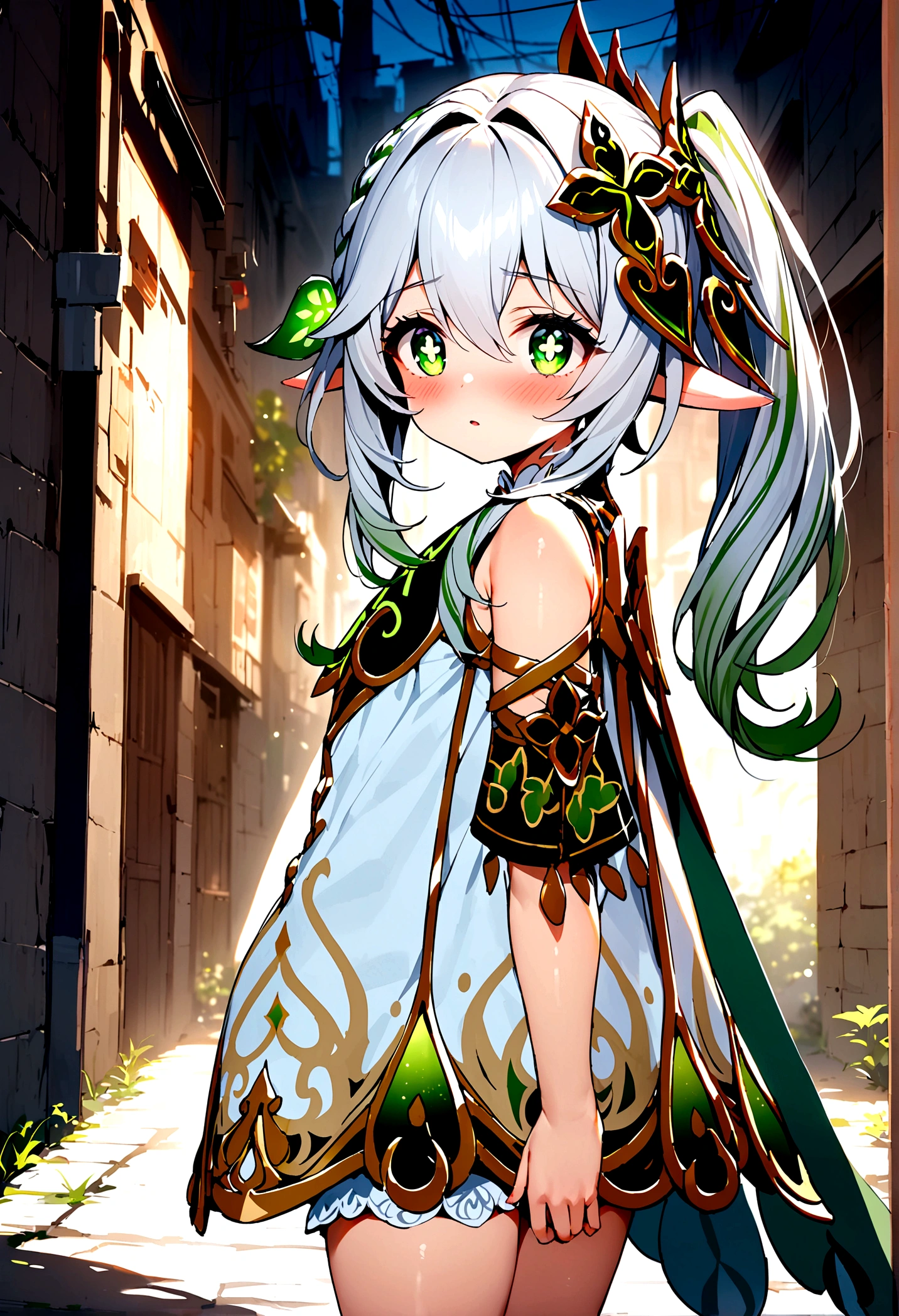 NSFW,masterpiece,Highest quality,High resolution,Super detailed,Nahida \(genshin impact\)、Green Eyes、dress、白いdress、Pointed Ears、Cruciform pupil、Symbol-shaped pupil、+ +、Side Ponytail、Long Hair、White Hair、Multicolored Hair、hair ornaments,Expose,blush,Expecting face,Night in the city,Alley,From the side