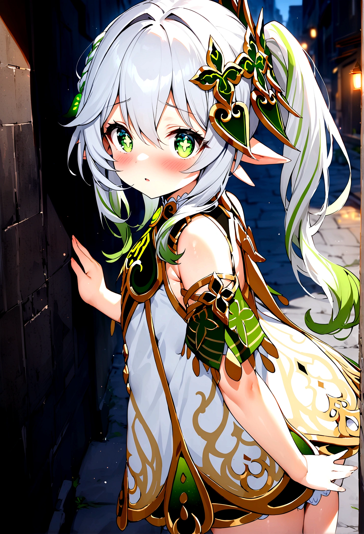 NSFW,masterpiece,Highest quality,High resolution,Super detailed,Nahida \(genshin impact\)、Green Eyes、dress、白いdress、Pointed Ears、Cruciform pupil、Symbol-shaped pupil、+ +、Side Ponytail、Long Hair、White Hair、Multicolored Hair、hair ornaments,Expose,blush,Expecting face,Night in the city,Alley,From the side