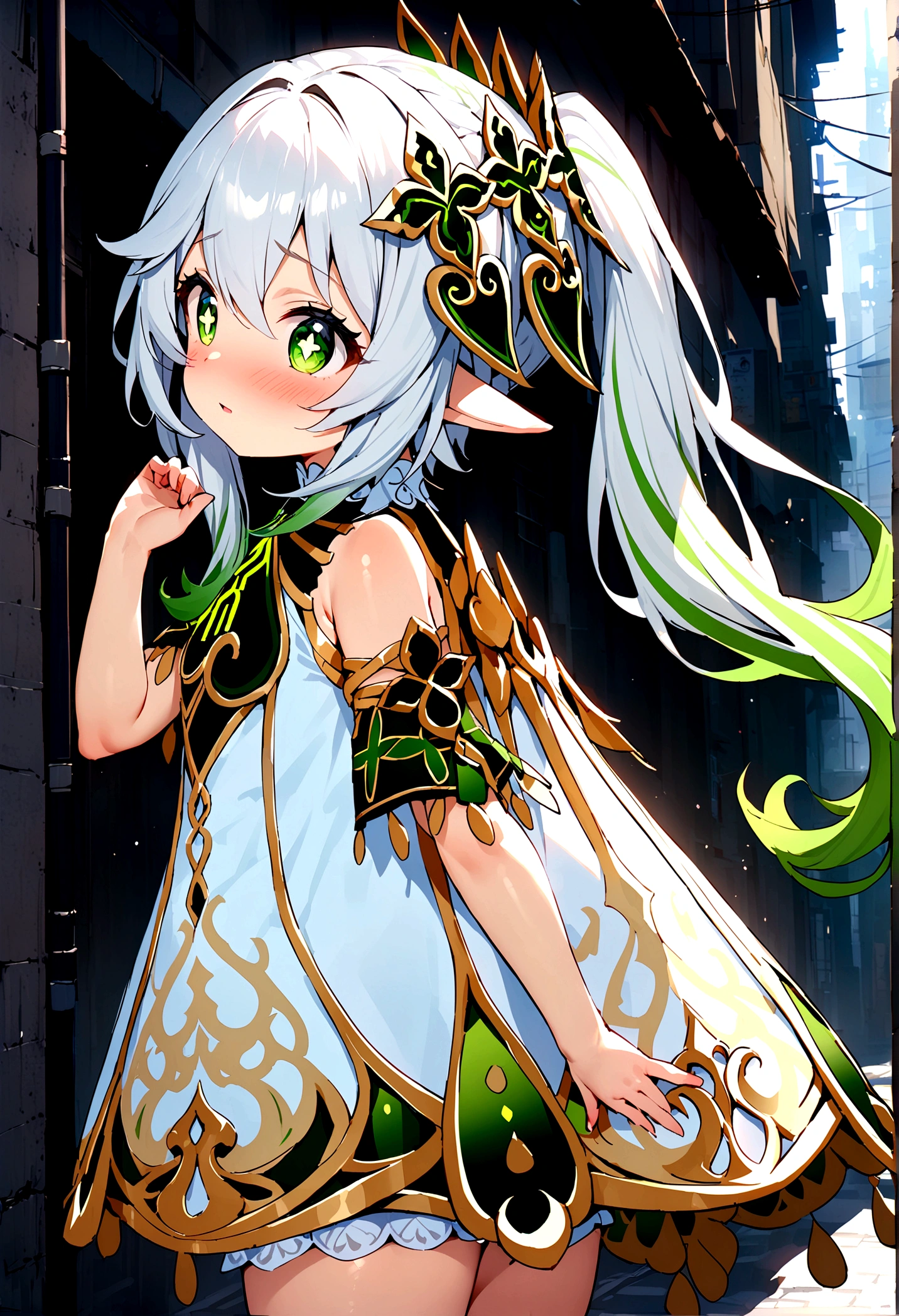 NSFW,masterpiece,Highest quality,High resolution,Super detailed,Nahida \(genshin impact\)、Green Eyes、dress、白いdress、Pointed Ears、Cruciform pupil、Symbol-shaped pupil、+ +、Side Ponytail、Long Hair、White Hair、Multicolored Hair、hair ornaments,Expose,blush,Expecting face,Night in the city,Alley,From the side