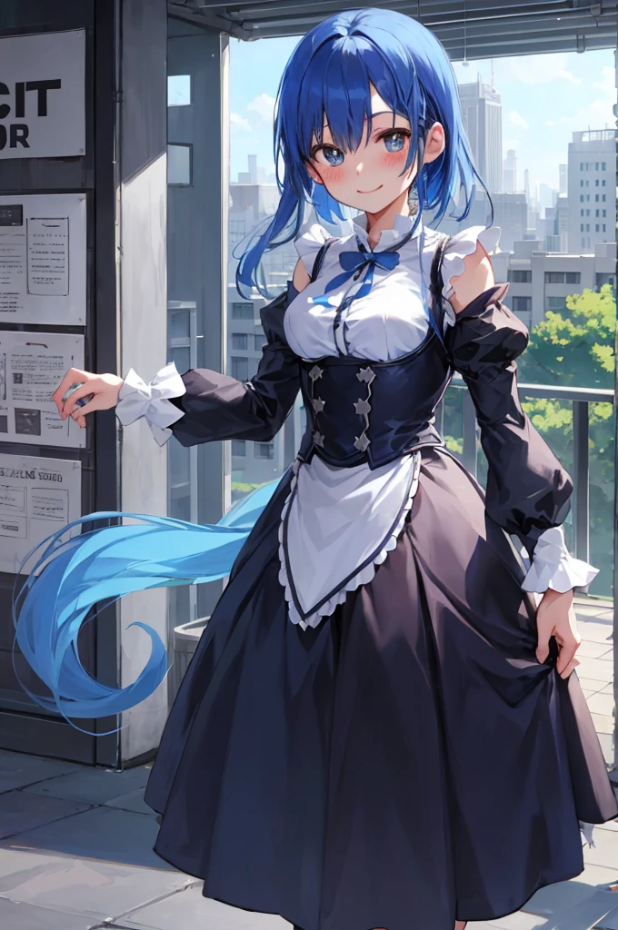 Blue Hair, Againm \(Again:zero\), [smile], blush, city,, masterpiece, Highest quality, Perfect lighting, One girl, skirt, medium bAgainasts,