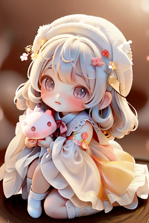 Girl Chibi, , Medium pastel red white, Luxury Fabric, Dithering, Widespread,Viewer Lucky Yellow White,In a cellar color dress、、There are no protrusions on the head、There are no protrusions on the head、hat,high quality、high resolution、Ultra delicate、Cute big eyes beautiful cute