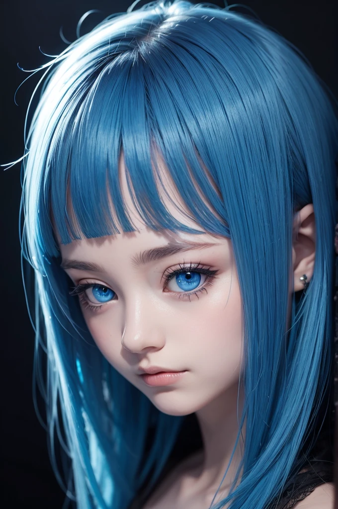 (drawning)  blue hair blue eyes black background