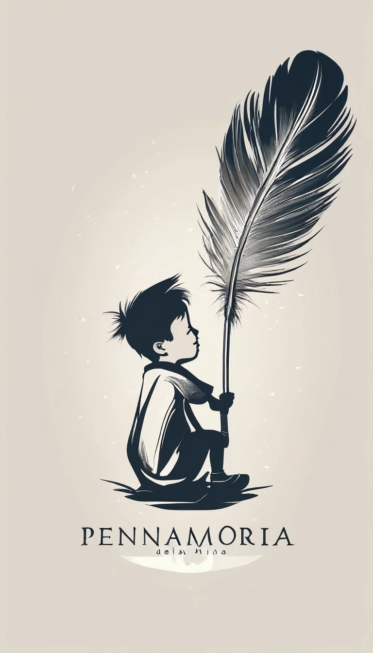 Create a minimal, modern, simple, inspirational, memorable, dream like logo design of a boy and a feather for the brand “Penamemoria".