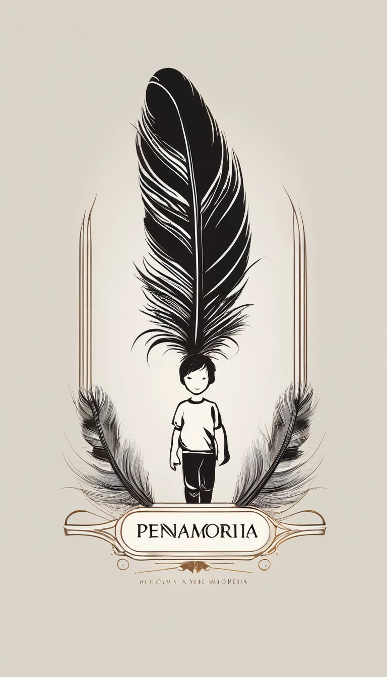 Create a minimal, modern, simple, inspirational, memorable, dream like logo design of a boy and a feather for the brand “Penamemoria".