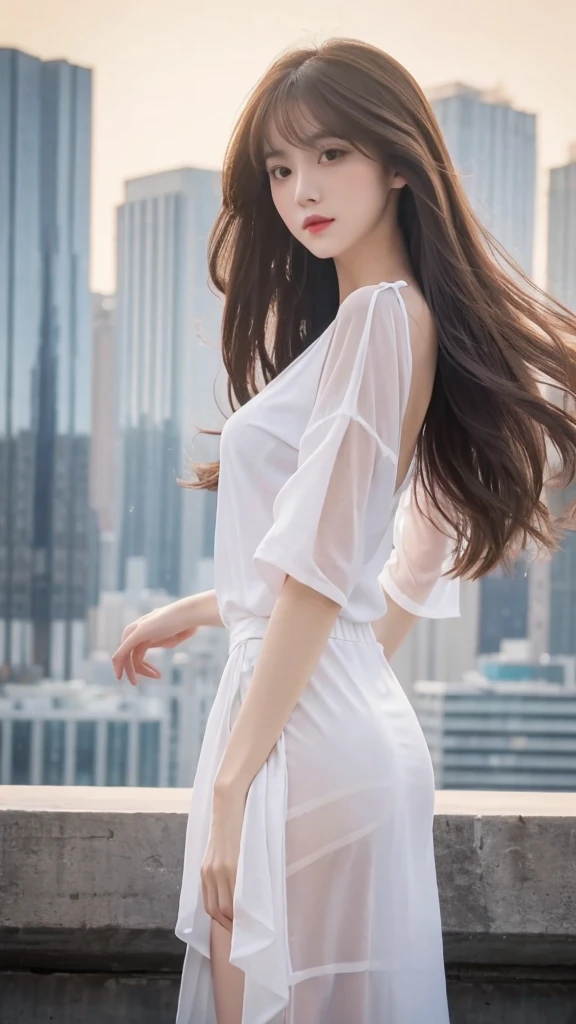 {{{ultra detail}}}, {{{realistic}}}, {{{depth of field}}}, whole body, from the side, head tilt, incredibly detailed, longuette, 1 woman, 30 years old, very long hair, Curly hair, high ponytail, light brown hair, beautiful and delicate hair, perfect face, Delicate arms and hands, slim legs, White skin, piercing, oversized clothes, big top sleeves, black pants, open clothes, cityscape, delicate background, blurred background, very delicate and beautiful, {{{wallpaper 8k CG}}}, {{{best quality}}}, {{{the greatest masterpiece}}},