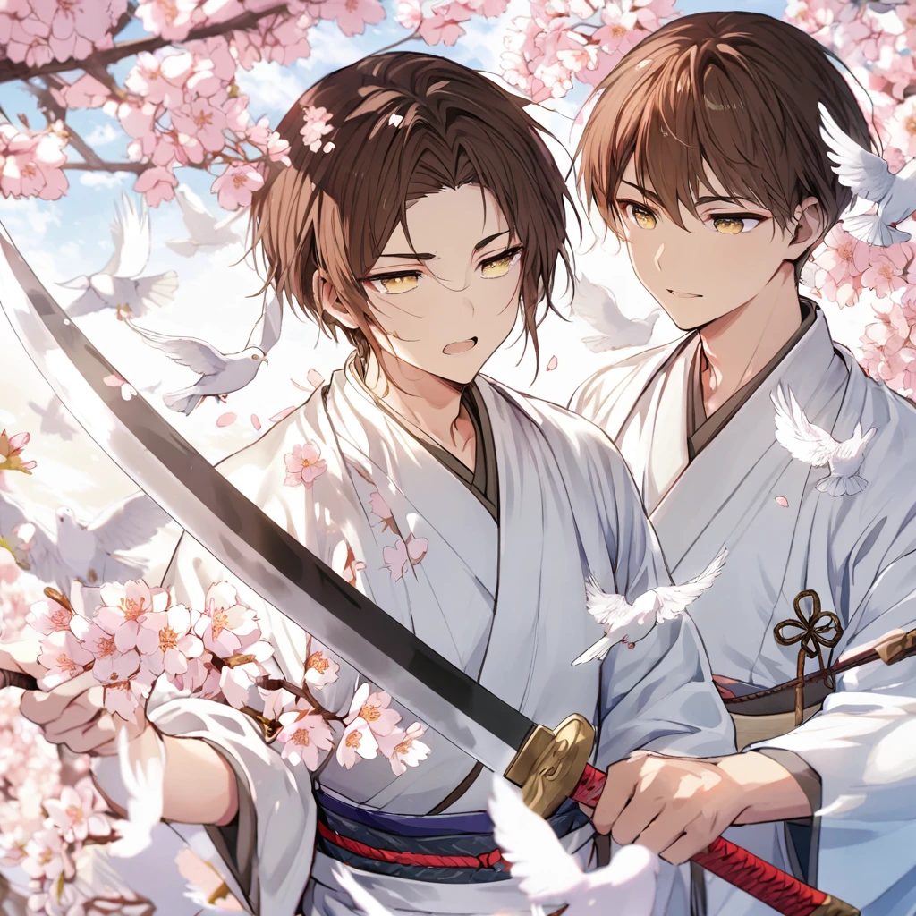 Naginata, short brown hair, young man, golden eyes, narrow eyes, white dove, cherry blossom petals