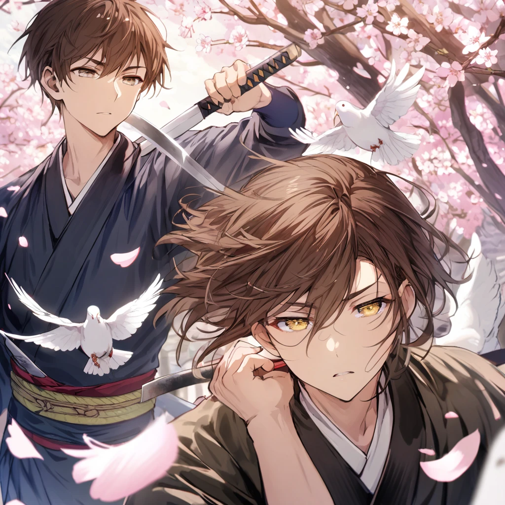 Naginata, short brown hair, young man, golden eyes, narrow eyes, white dove, cherry blossom petals