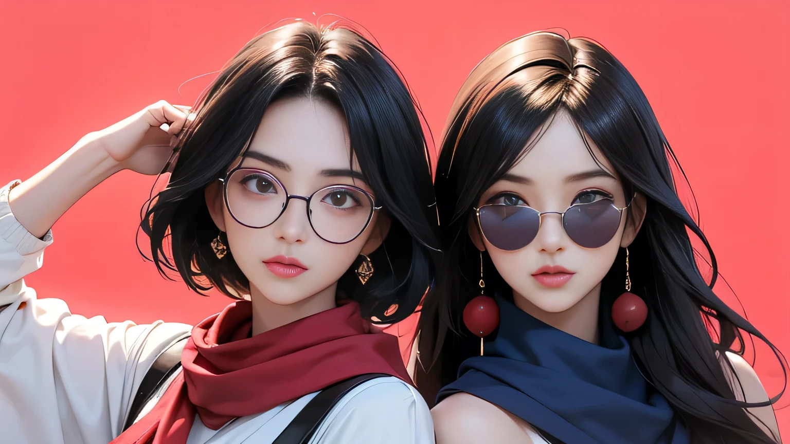 (masterpiece, best quality, 8k wallpaper, high resolution, ultra realistic), 2 women, 2 girls wearing sunglasses, 18 years old, (long hair, short hair), 8k, RAW portrait (Japanese women), masterpiece, photoreal: 1.3, realistic, ultra high resolution, best quality, real life photo, (in the evening: 1.1), ((((1 girl: 1.5))))(cute face: 1.3), perfect proportions, 80s big sunglasses, navy blue bodycon, red scarf, light colored background, two people posing.