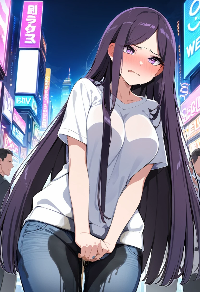 (masterpiece:1.37), best quality, (extremely detailed:1.37), (1girl:1.5), woman, (mature:1.5), (adult:1.5), large breasts, very long hair, (straight hair:1.5), (very dark purple hair:1.5), purple eyes, (extremely detailed eyes:1.37), hoodie, jeans, desperation, (wetting self:1.5), standing, embarrassed, humiliation, blushing, angry, city, futuristic, neon lighting, high-tech, street, skyscraper