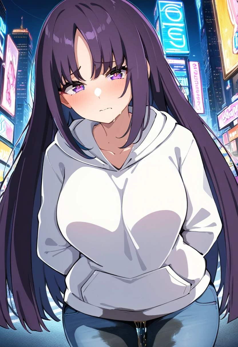 (masterpiece:1.37), best quality, (extremely detailed:1.37), (1girl:1.5), woman, (mature:1.5), (adult:1.5), large breasts, very long hair, (straight hair:1.5), (very dark purple hair:1.5), purple eyes, (extremely detailed eyes:1.37), hoodie, jeans, desperation, (wetting self:1.5), standing, embarrassed, humiliation, blushing, angry, city, futuristic, neon lighting, high-tech, street, skyscraper