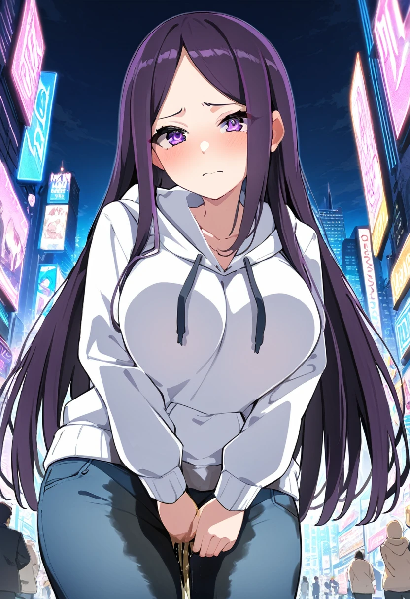(masterpiece:1.37), best quality, (extremely detailed:1.37), (1girl:1.5), woman, (mature:1.5), (adult:1.5), large breasts, very long hair, (straight hair:1.5), (very dark purple hair:1.5), purple eyes, (extremely detailed eyes:1.37), hoodie, jeans, desperation, (wetting self:1.5), standing, embarrassed, humiliation, blushing, angry, city, futuristic, neon lighting, high-tech, street, skyscraper