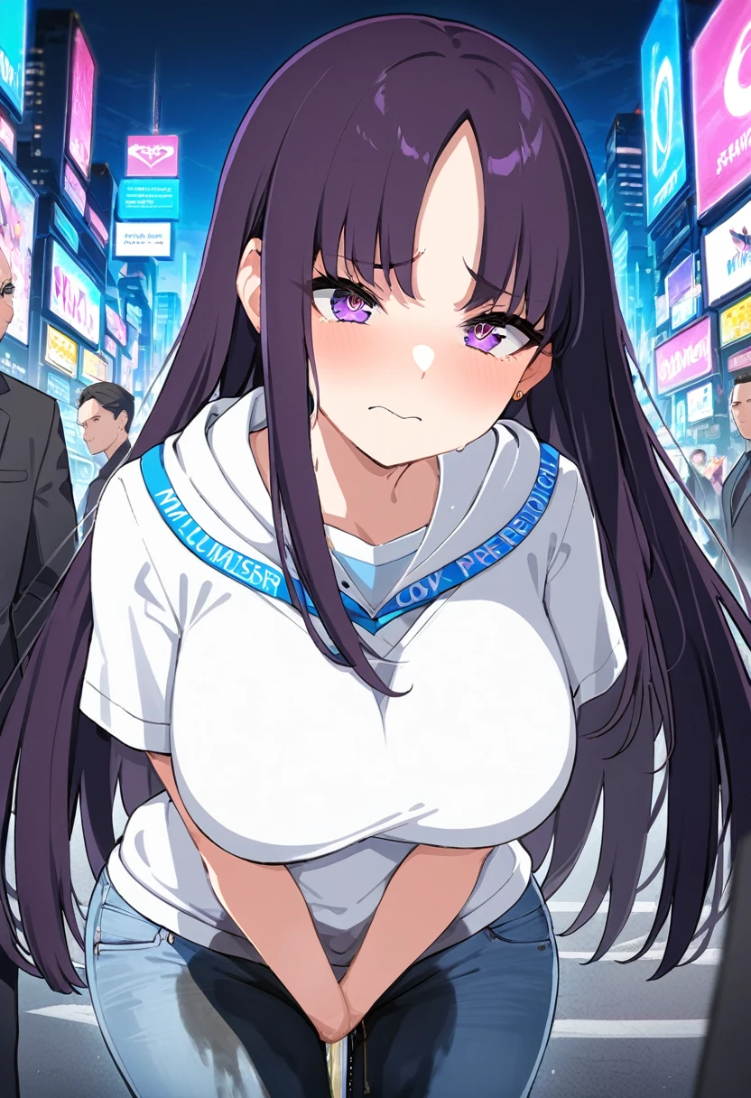 (masterpiece:1.37), best quality, (extremely detailed:1.37), (1girl:1.5), woman, (mature:1.5), (adult:1.5), large breasts, very long hair, (straight hair:1.5), (very dark purple hair:1.5), purple eyes, (extremely detailed eyes:1.37), hoodie, jeans, desperation, (wetting self:1.5), standing, embarrassed, humiliation, blushing, angry, city, futuristic, neon lighting, high-tech, street, skyscraper
