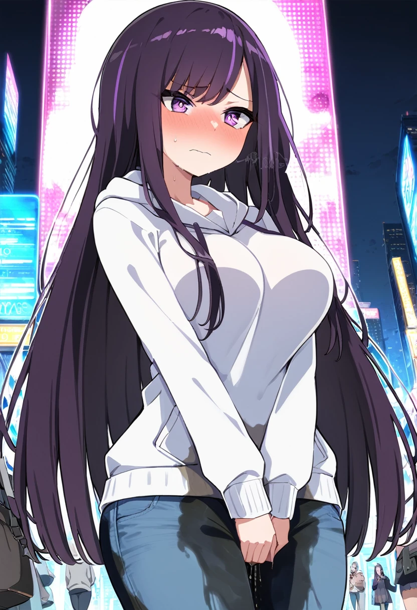 (masterpiece:1.37), best quality, (extremely detailed:1.37), (1girl:1.5), woman, (mature:1.5), (adult:1.5), large breasts, very long hair, (straight hair:1.5), (very dark purple hair:1.5), purple eyes, (extremely detailed eyes:1.37), hoodie, jeans, desperation, (wetting self:1.5), standing, embarrassed, humiliation, blushing, angry, city, futuristic, neon lighting, high-tech, street, skyscraper