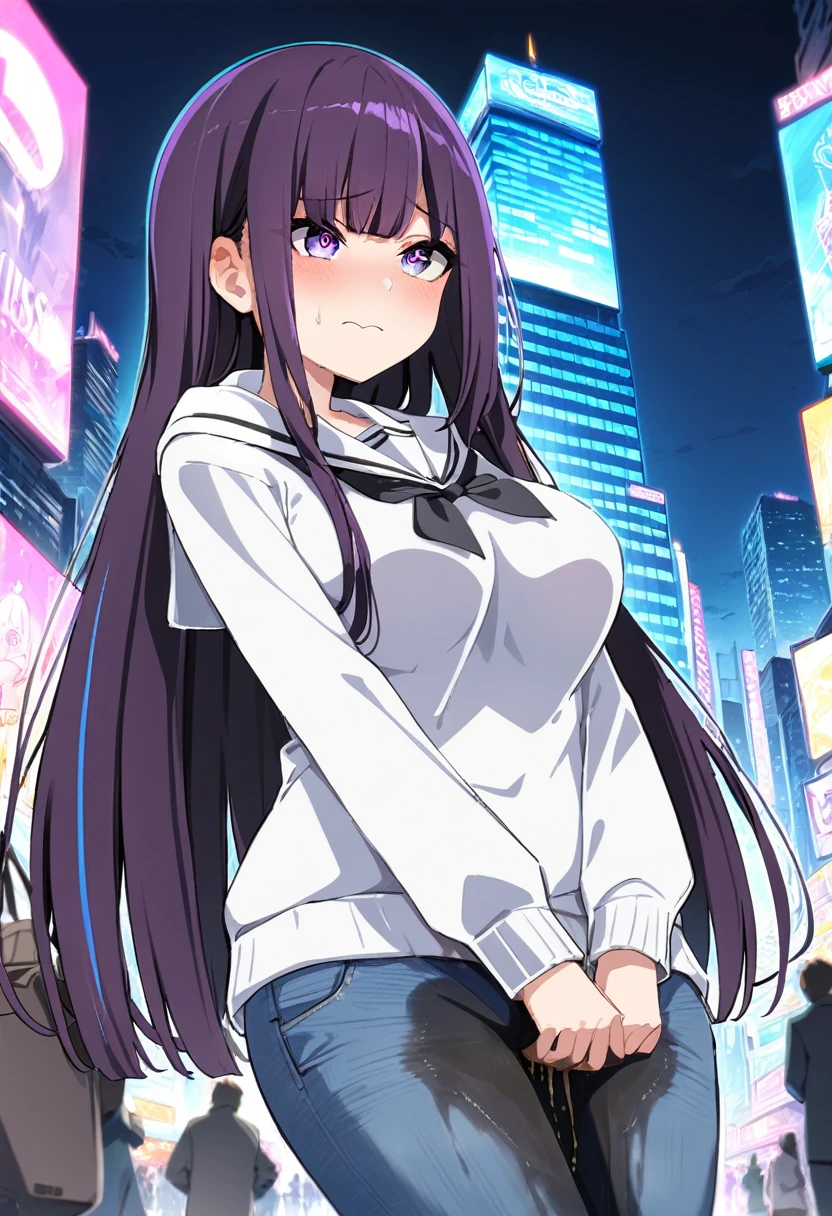 (masterpiece:1.37), best quality, (extremely detailed:1.37), (1girl:1.5), woman, (mature:1.5), (adult:1.5), large breasts, very long hair, (straight hair:1.5), (very dark purple hair:1.5), purple eyes, (extremely detailed eyes:1.37), hoodie, jeans, desperation, (wetting self:1.5), standing, embarrassed, humiliation, blushing, angry, city, futuristic, neon lighting, high-tech, street, skyscraper