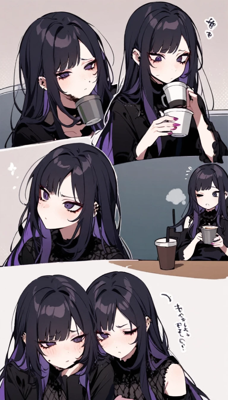 very tired goth woman, beautiful, drinking coffee