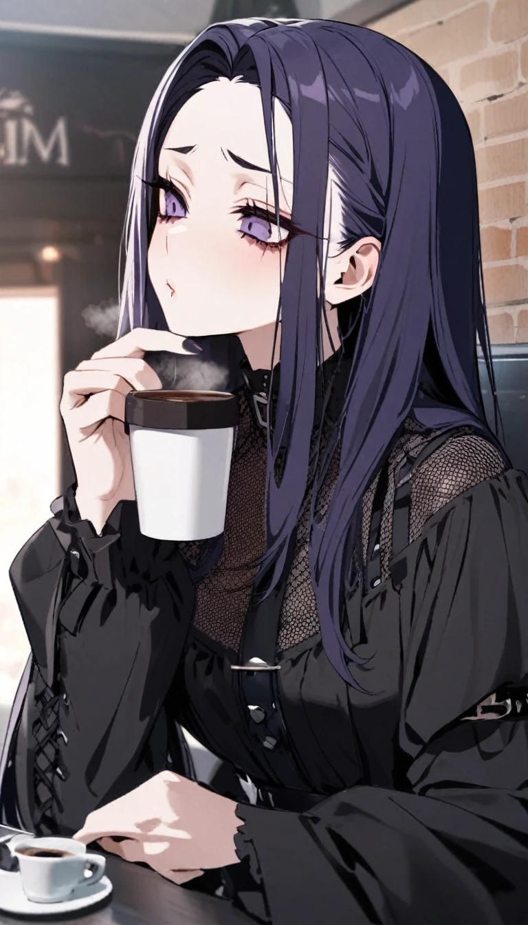 very tired goth woman, beautiful, drinking coffee