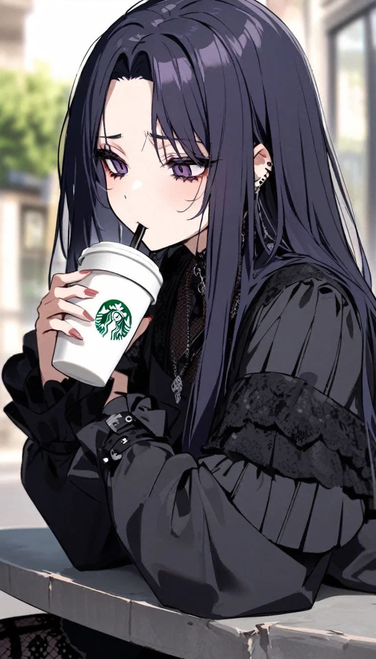 very tired goth woman, beautiful, drinking coffee