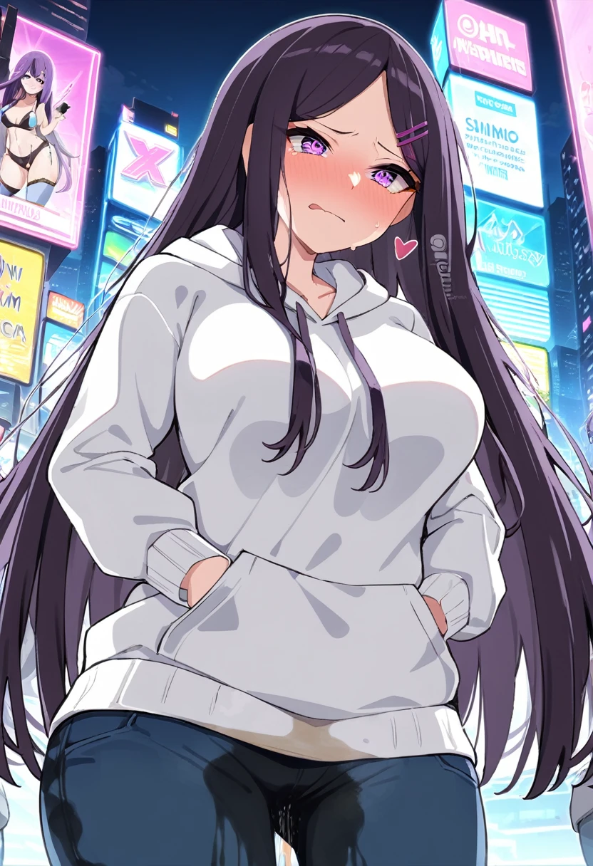 (masterpiece:1.37), best quality, (extremely detailed:1.37), (1girl:1.5), woman, (mature:1.5), (adult:1.5), large breasts, very long hair, (straight hair:1.5), (very dark purple hair:1.5), purple eyes, (extremely detailed eyes:1.37), hoodie, jeans, desperation, (wetting self:1.5), standing, embarrassed, humiliation, blushing, angry, city, futuristic, neon lighting, high-tech, street, skyscraper